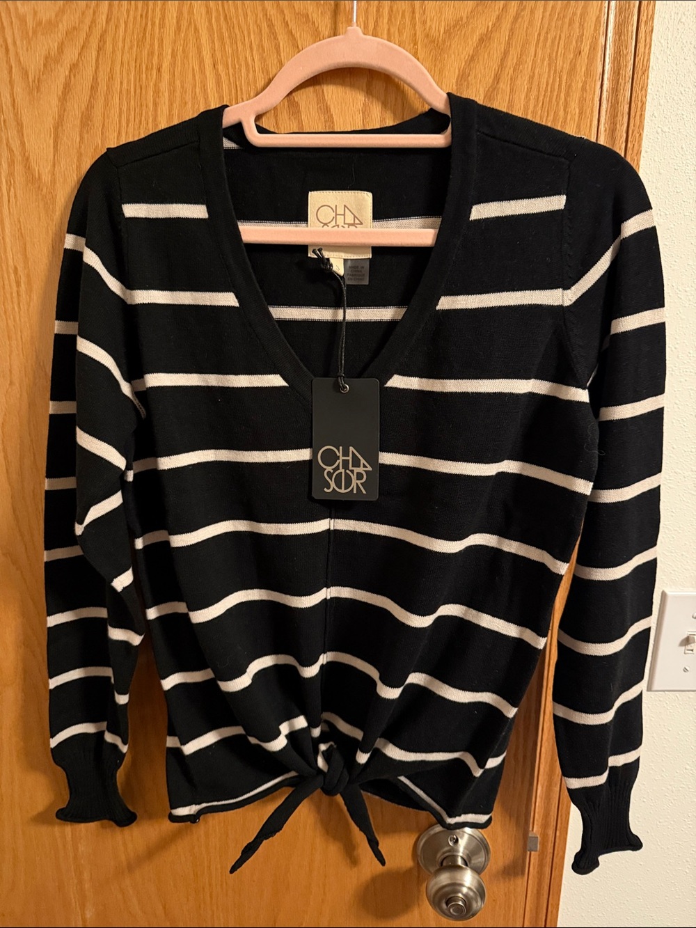 Chaser Black and White Striped V-Neck Sweater